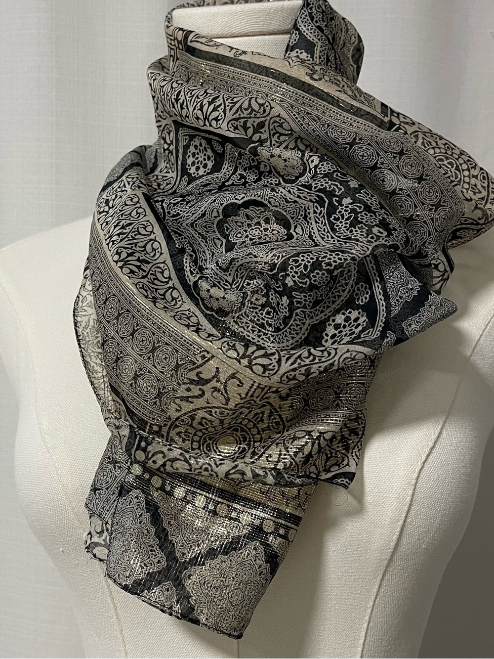 Vintage 90s Italian Metallic Paisley Scarf Silver Black Shimmer Wrap
